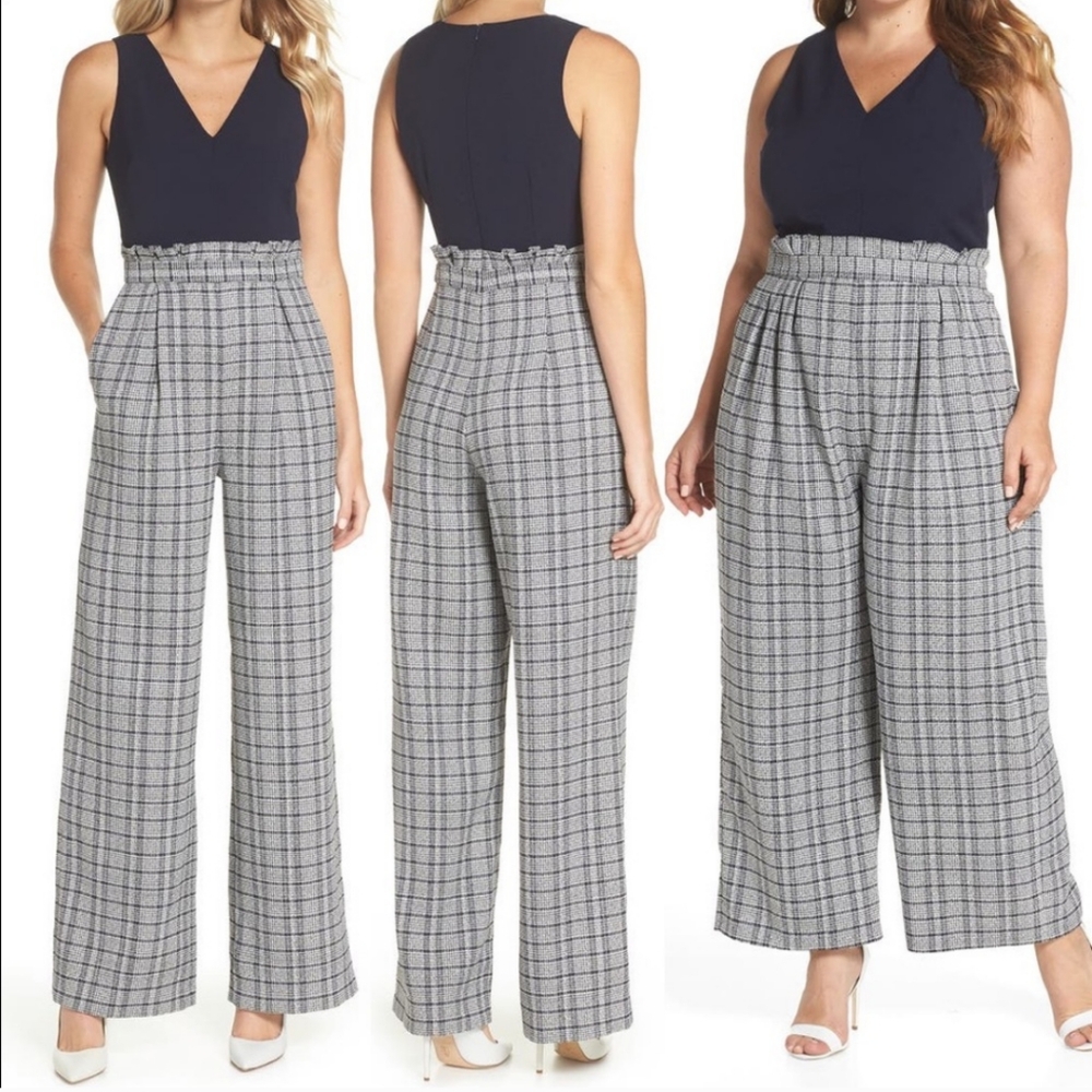 StitchFix Chelsea28 wide leg twill jumpsuit with solid top and plaid bottoms wi
